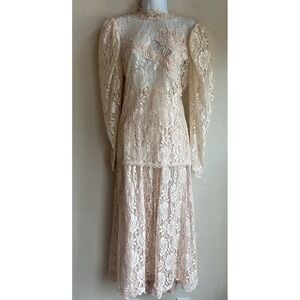 Vintage 80s Lorrie Kabala Two Piece Set 14 Lace Pearl Sheer Victorian Skirt Top